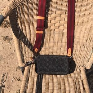 Coach Signature Canvas Crossbody with Red Stripe Strap